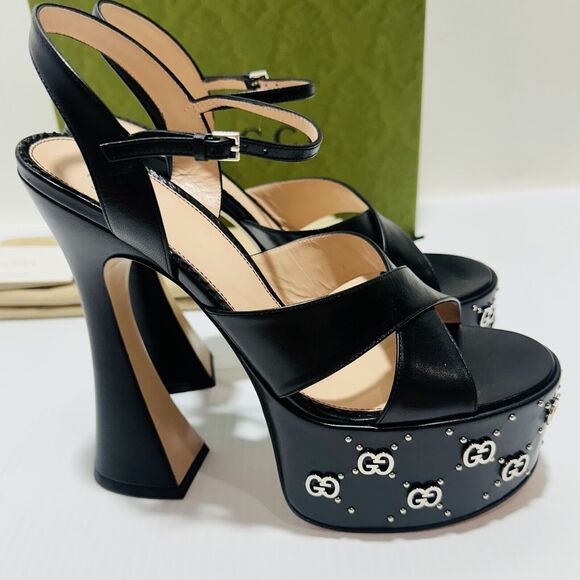 Gucci Janaya Black Interlocking G Studs 36/ US 6 Heels Platform Sandals NIB - Picture 7 of 15